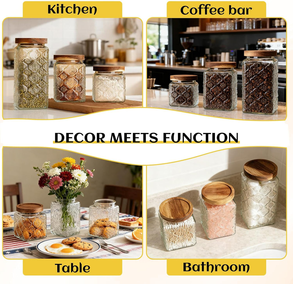 Vintage Glass Jar with Wood Lid - 24 OZ Airtight Canister Pantry Bathroom, Decorative Storage Container for Candy