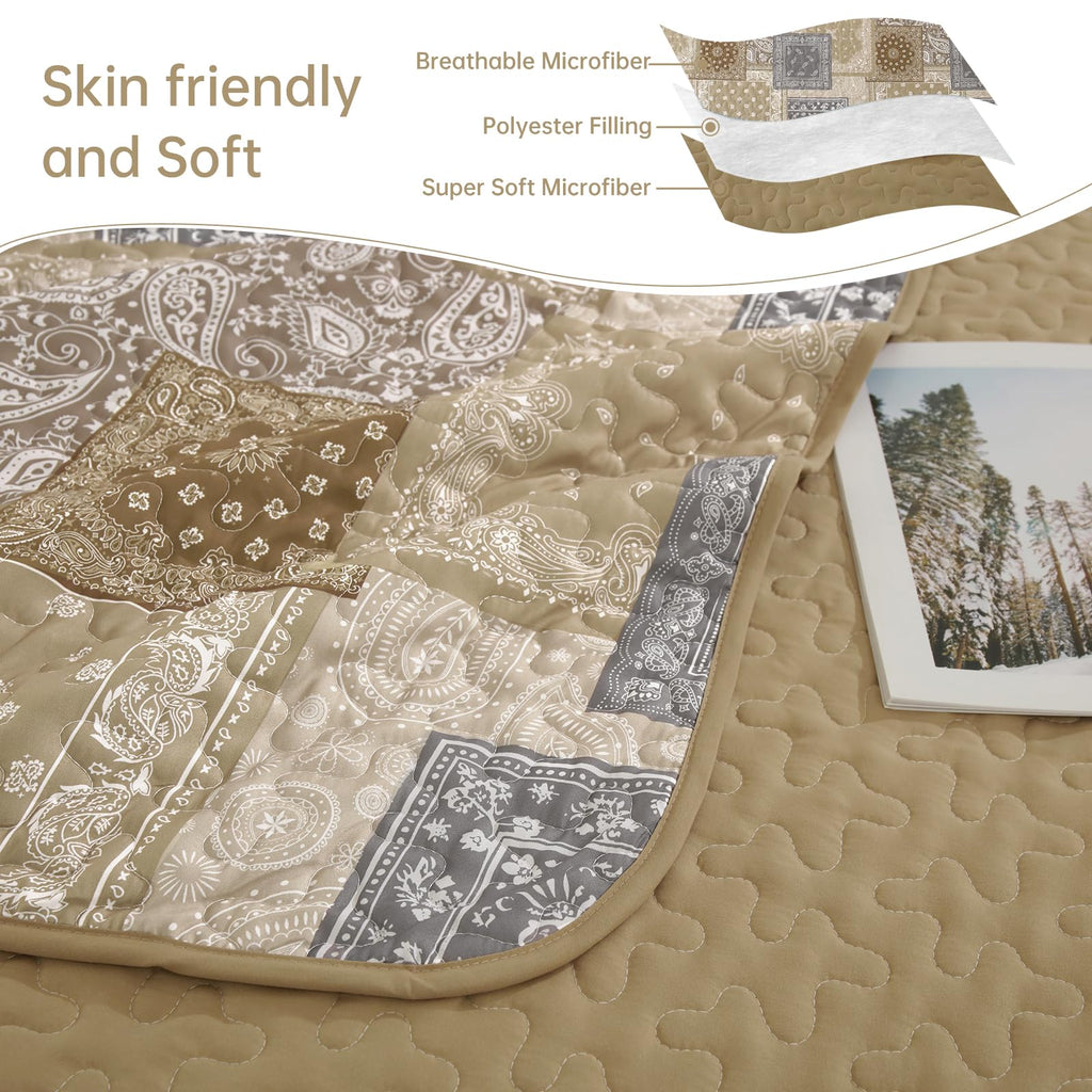 Boho Quilt Set, Beige Plaid Floral Bedspread Coverlet Set