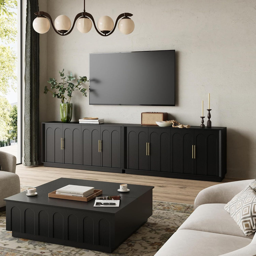 67" Sideboard Buffet Cabinet with Storage, Arched Doors, Black | Modern Minimalist Accent Cabinet with Wood Gain
