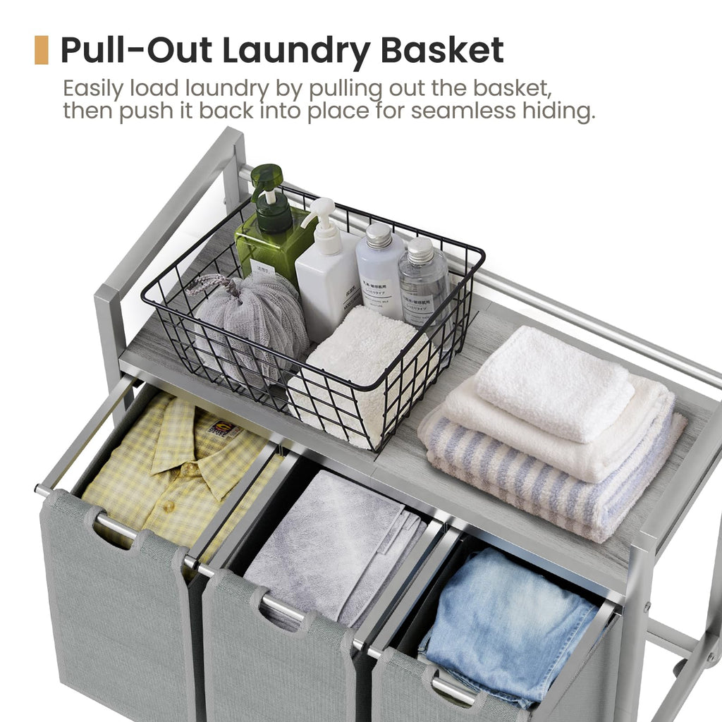 Laundry Sorter, Laundry Hamper 3 Section, 3×11.4Gal, Metal Frame Rolling Laundry Basket with Wooden Top Shelf, Pull