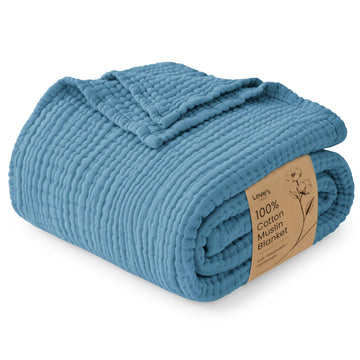 100% Cotton Muslin Blanket Large Throw for Couch, Misty Blue