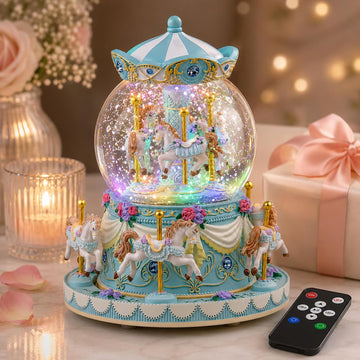 Blue Carousel Snow Globe Music Box with Remote Control, 64 Melodies, LED Lights, Rotating Horse Musical Snow Globe