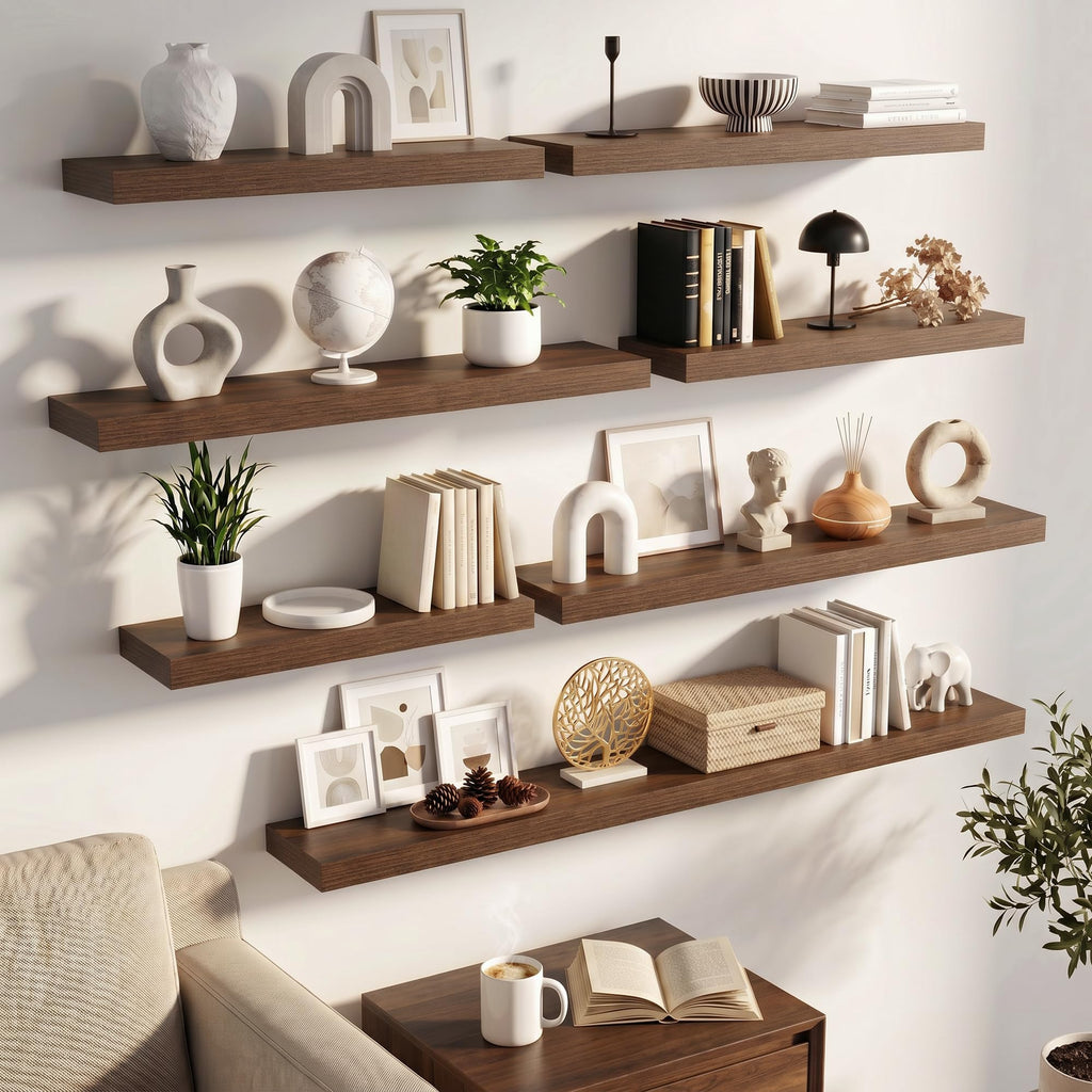 55 Inch Floating Shelves for Wall Set of 2, 6.5" D Wood Gra Shelves with Invisible Brackets, Easy Install Engineered