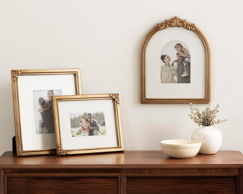 Arendahl Three-Piece Picture Frame Set, Antique Gold, Set of 3, Varying Sizes, Vintage Rectangle and Arched Photo