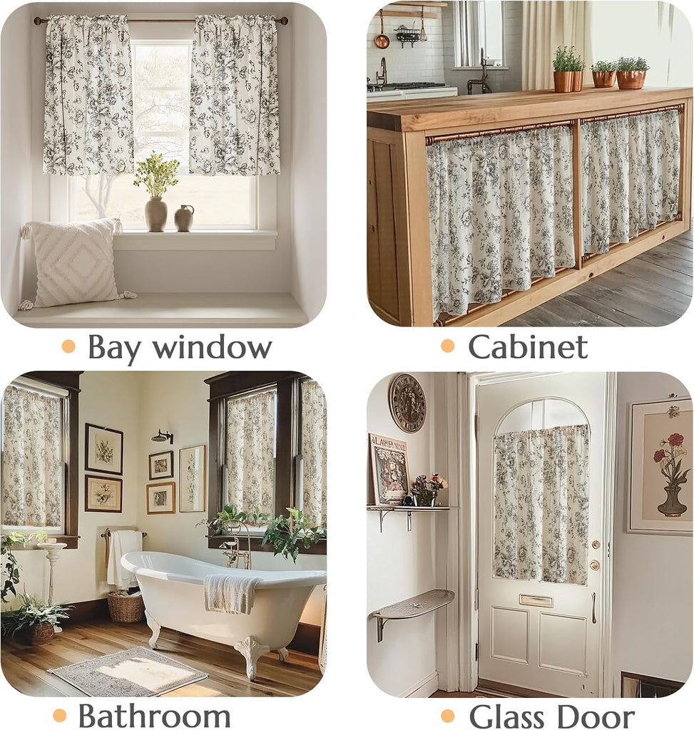 Floral Linen Tier Curtains 36 Inch Farmhouse Botanic Cafe Drapes for Small Windows Rustic Half Window Curtains for