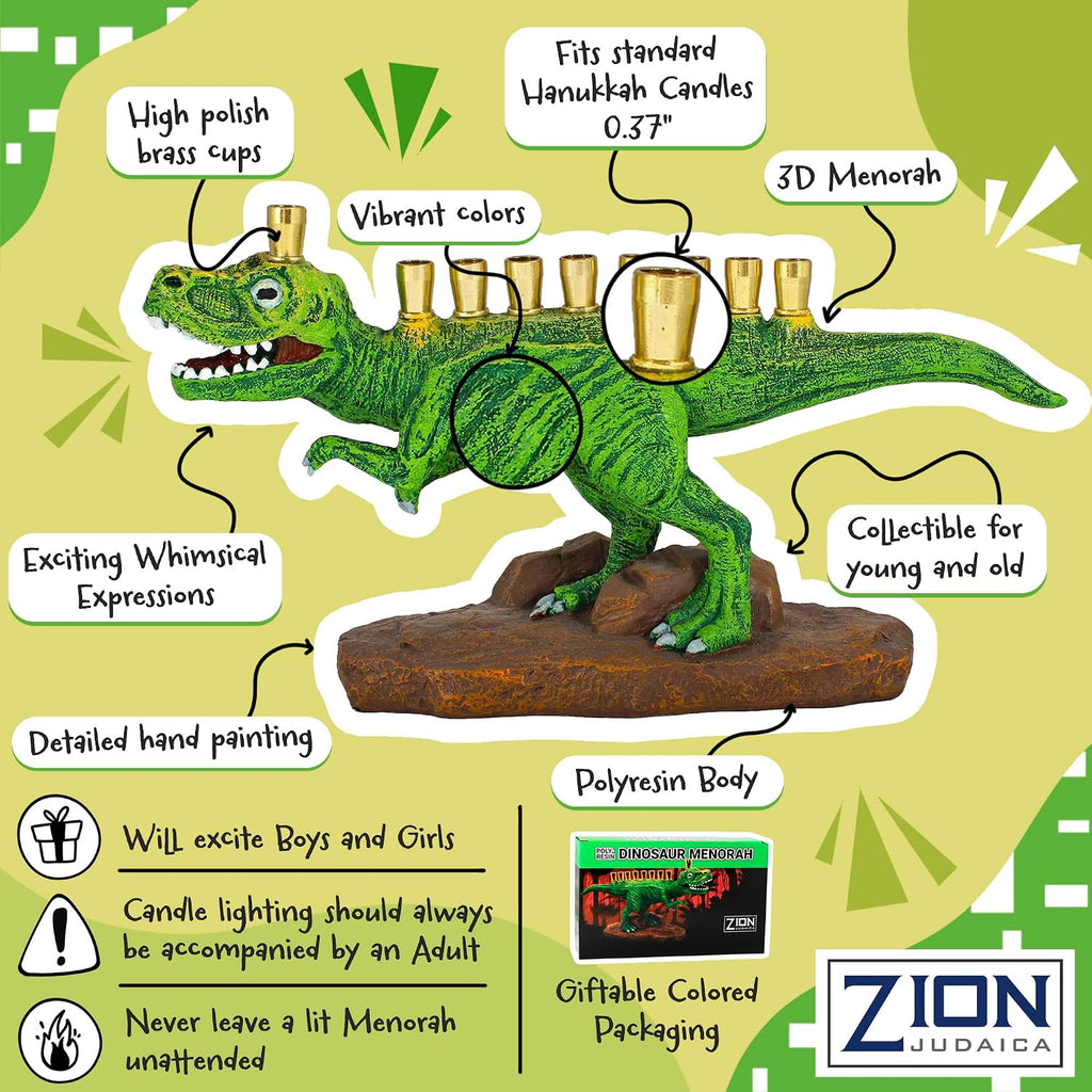 Zion Judaica Green Dinosaur Polyresin with Brass Cups Functional Kids Dino Candle Fits Standard Chanukah Candles