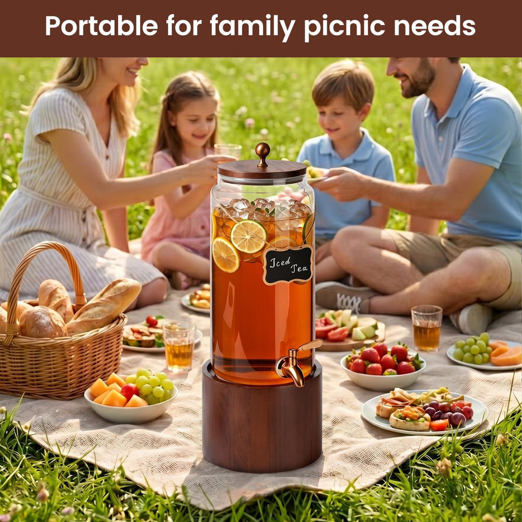 2 PCS 1.5 Gallon Glass Drink Dispenser for Parties, Beverage Dispenser with Wooden Stand, Silicone Lid and Stainless