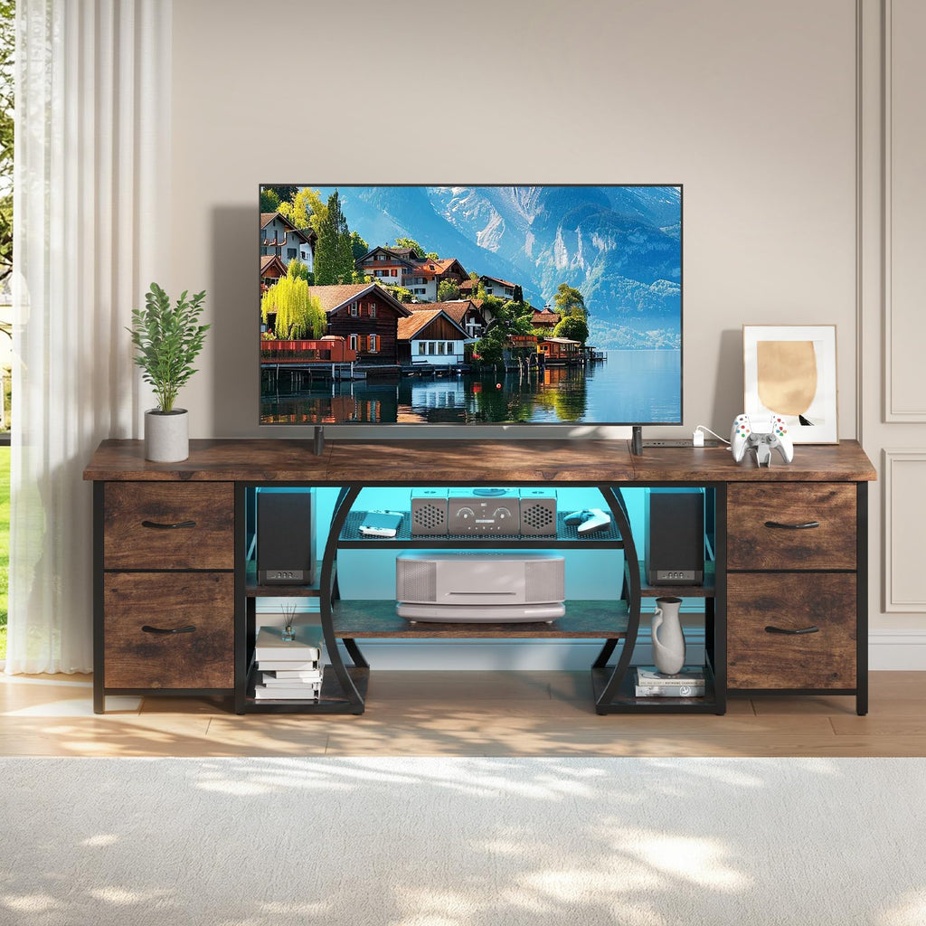 LED TV Stand for 65, 70, 80 Inch TV, 71 Inch Industrial Entertainment Center with Power Outlets, Media Console Table