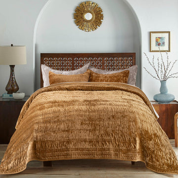 Ruched Lightweight Velvet Quilt Set, King Size, Gold Yellow