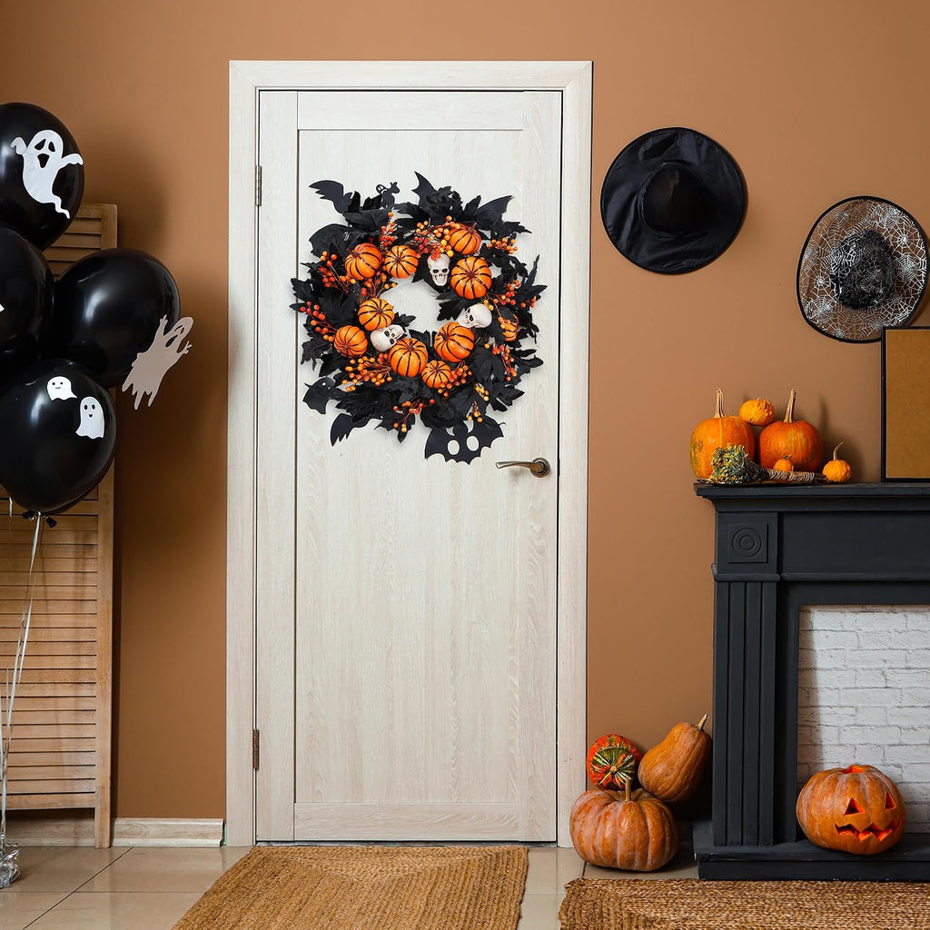 Halloween Wreath with Artificial Pumpkin Handmade Black Maple Leave Skull Pumpkin Orange Berries 20''Front Door