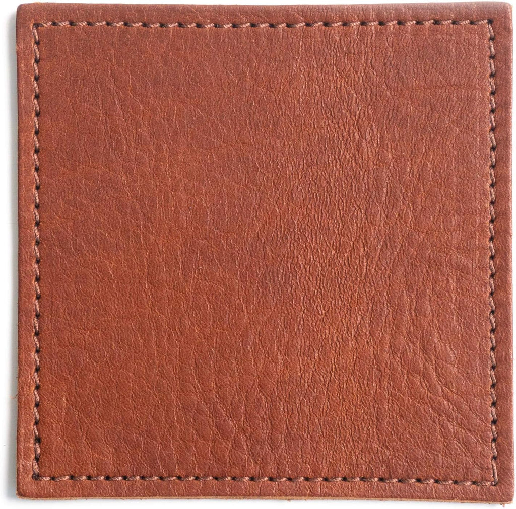American Made Leather Coasters - Premium Full Grain Leather, Double Layered Square Rustic Brown Coaster Set, 4"x4" - Set of 4