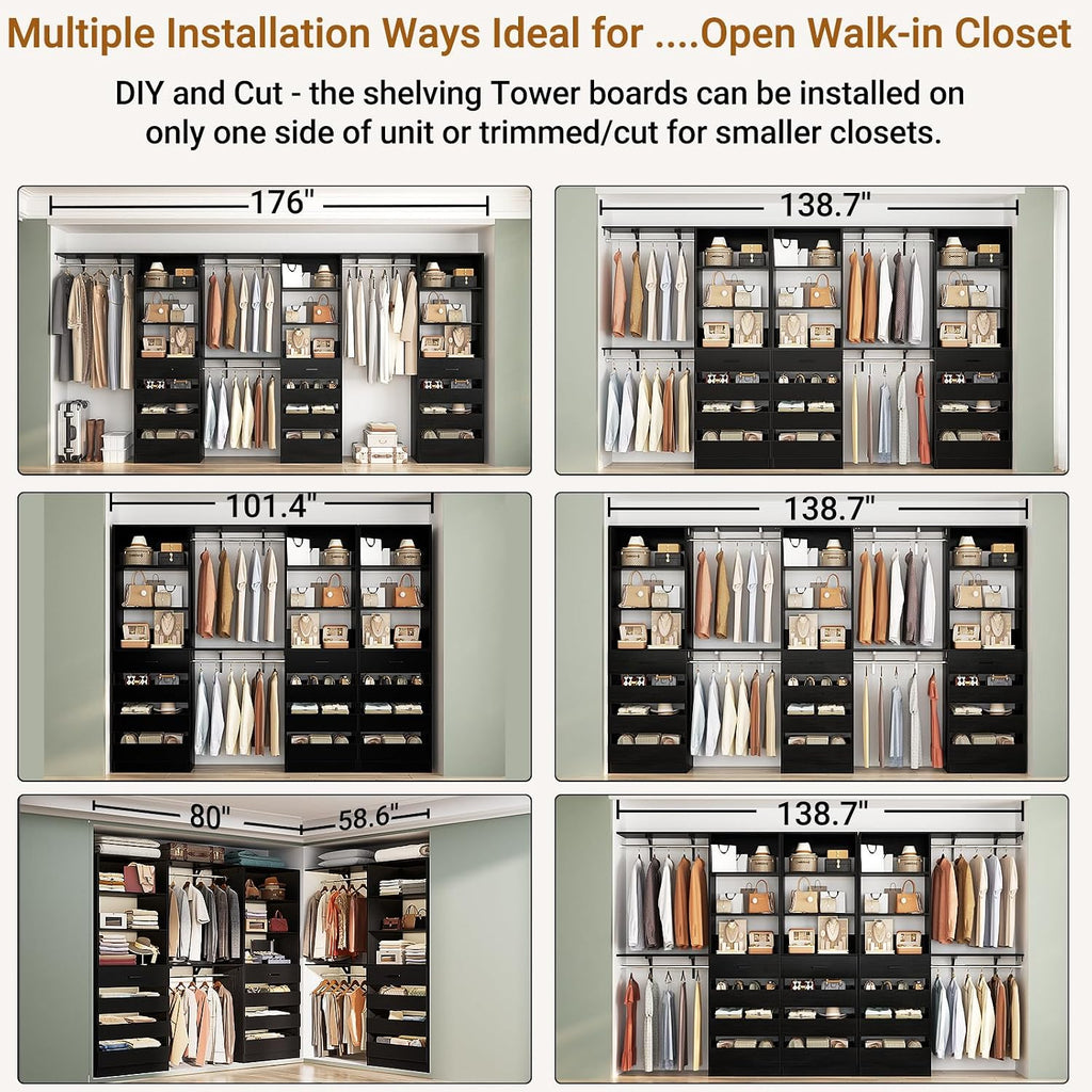 Closet System with 12 Drawers, 138.5" Wood Closet Organizer System with 4 Hanging Rods & Top Shelves, 6.7+4.85Ft L