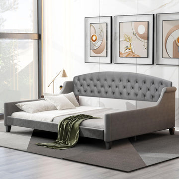 Upholstered Full Daybed with Modern Luxury Tufted Button, Full Size Daybed with Slat Support and Arm, Sofa Bed
