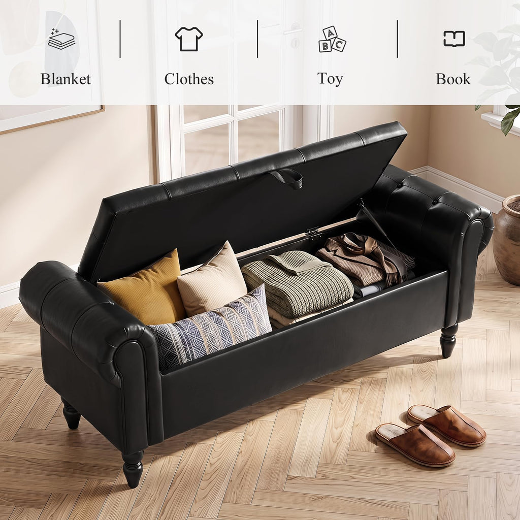 55" End of Bed Bench, Bedroom Bench with Button-Tufted, Large Upholstered Storage Ottoman Entryway Bench with Storage