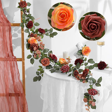 5FT Terracotta Artificial Flower Garland Fall Floral Garland Burnt Orange Arch Rose Vine for Wedding Ceremony Party - Set of 5