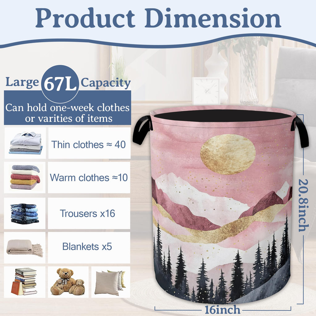 Mountains Laundry Basket,Foldable Oxford Cloth Sun Forest Golden Pink Laundry Hamper with Handles, 20.8"x16" Tote Bag