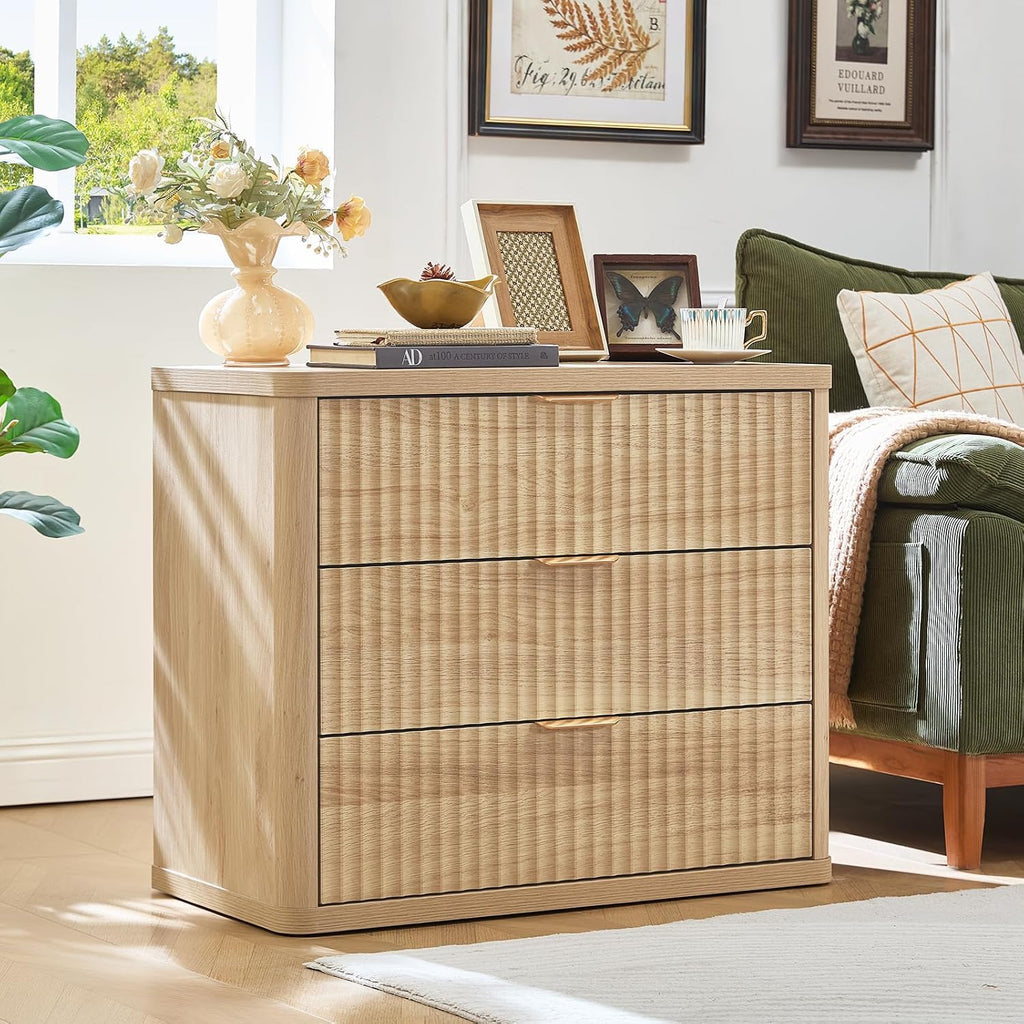31" Wide Fluted Nightstand for Large Spaces, Oversized Extra 3 Drawers Night Stand, Wood Bedside Table, Tall Bed Side