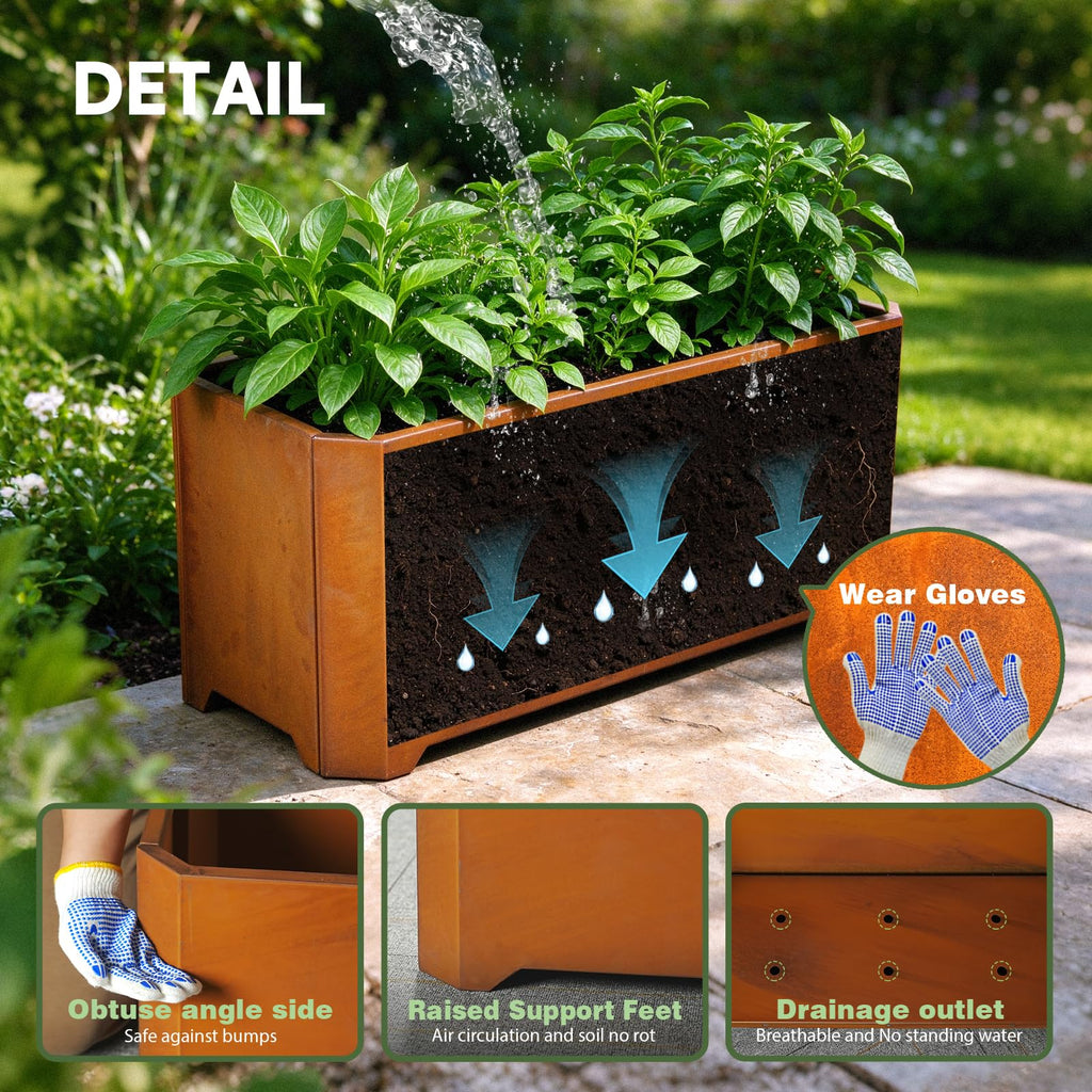 Corten Steel Planter Box 32"L x 15"W x 15"H Outdoor Rectangular Planters