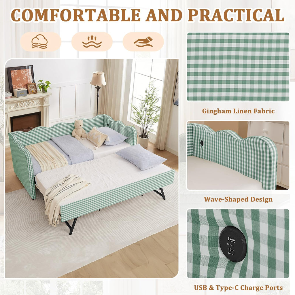 Twin Size Gingham Daybed with Trundle, Upholstered Linen Day Bed Frame with USB Ports & Wave-Shaped Backrest, Modern