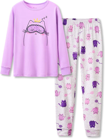 Girls Long Sleeve Piece Cotton Rib-Knit Pajamas Set