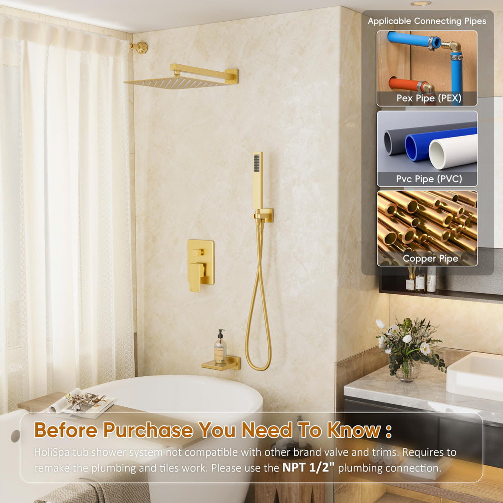 Gold Tub Shower System with 10" Rain Head, Handheld & Valve Kit