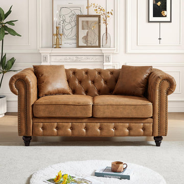Chesterfield Sofa, Loveseat High-Tech Fabric Couch with Pillows & Button Tufted Back, Mid Century Modern Couch with