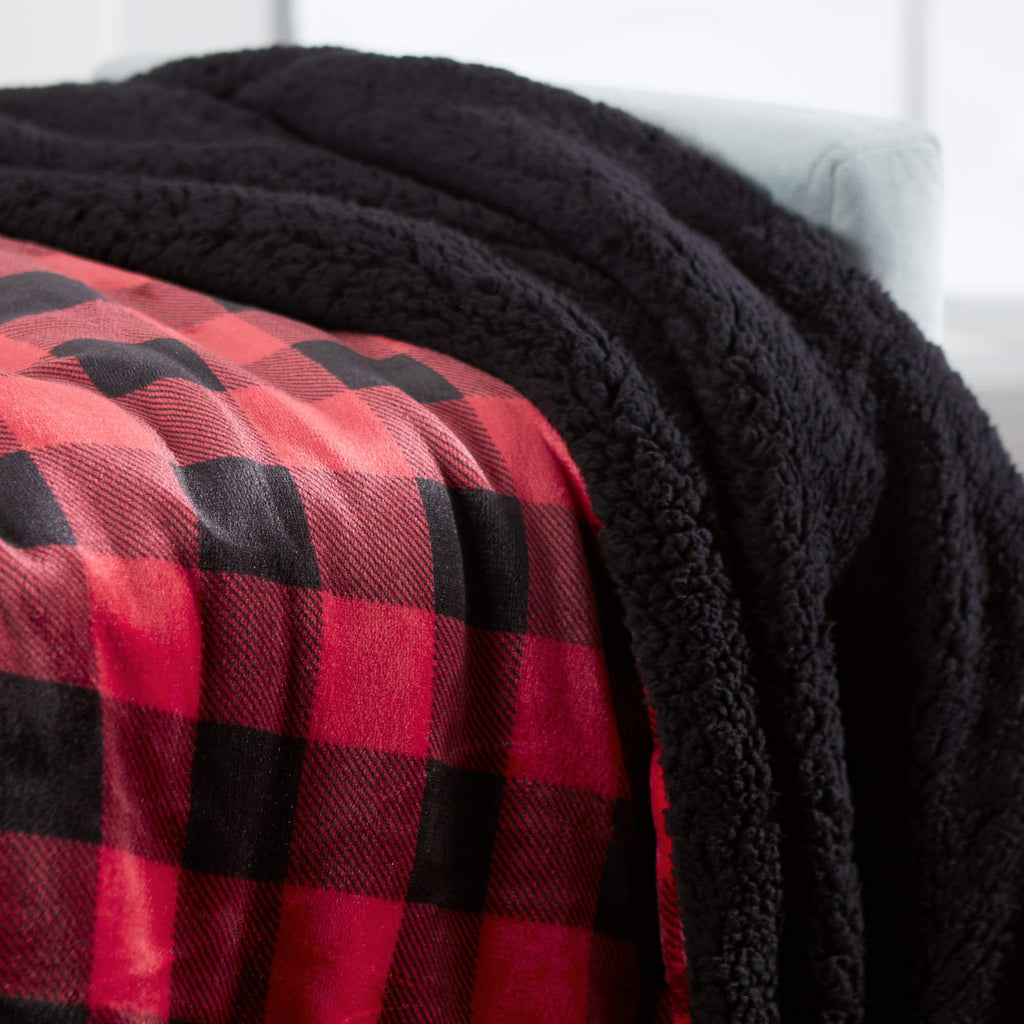 Sherpa Throw Blanket Super Soft Reversible Ultra Luxurious Plush Blanket, 102 x 90 inches, Buffalo Check Red/Black