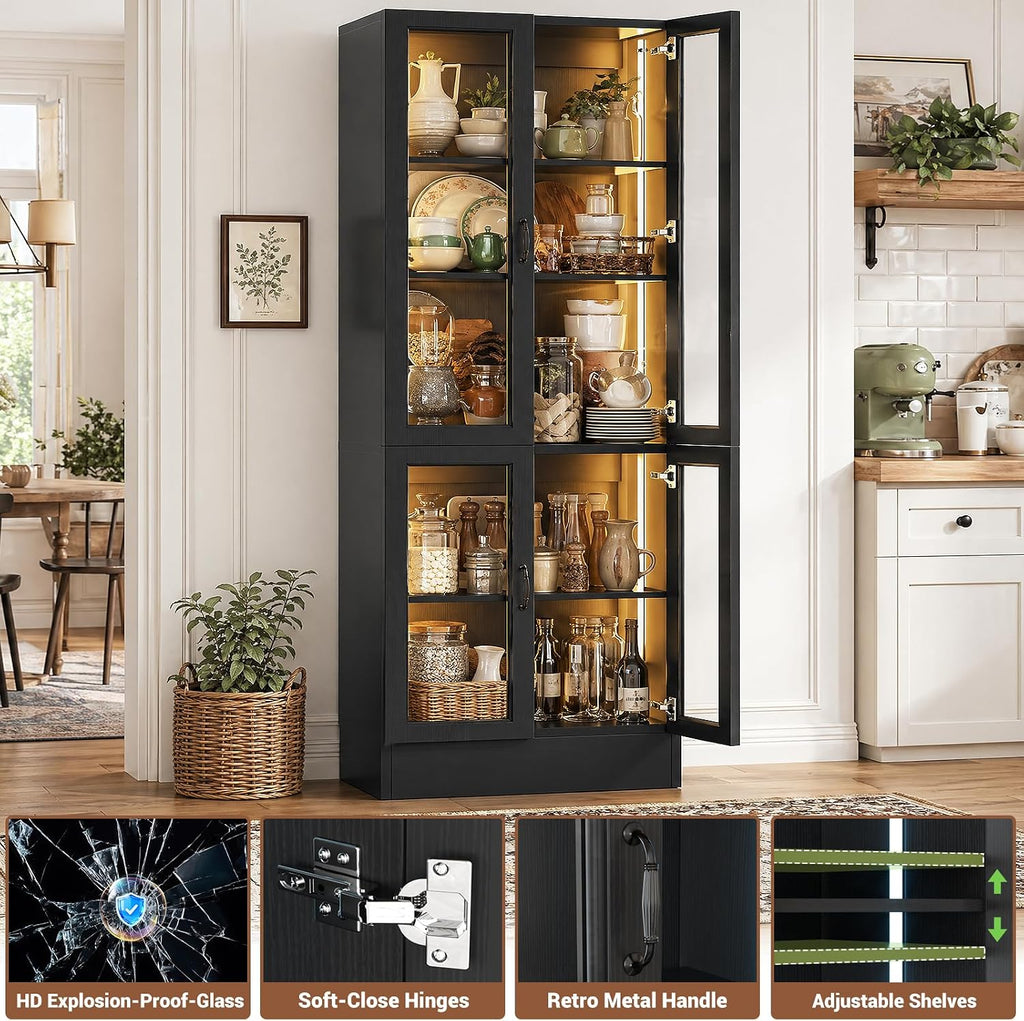 80" Display Cabinet with Glass Doors, 5-Tier Tall Bookcase with LED Light, Glass Display Case with Adjustable
