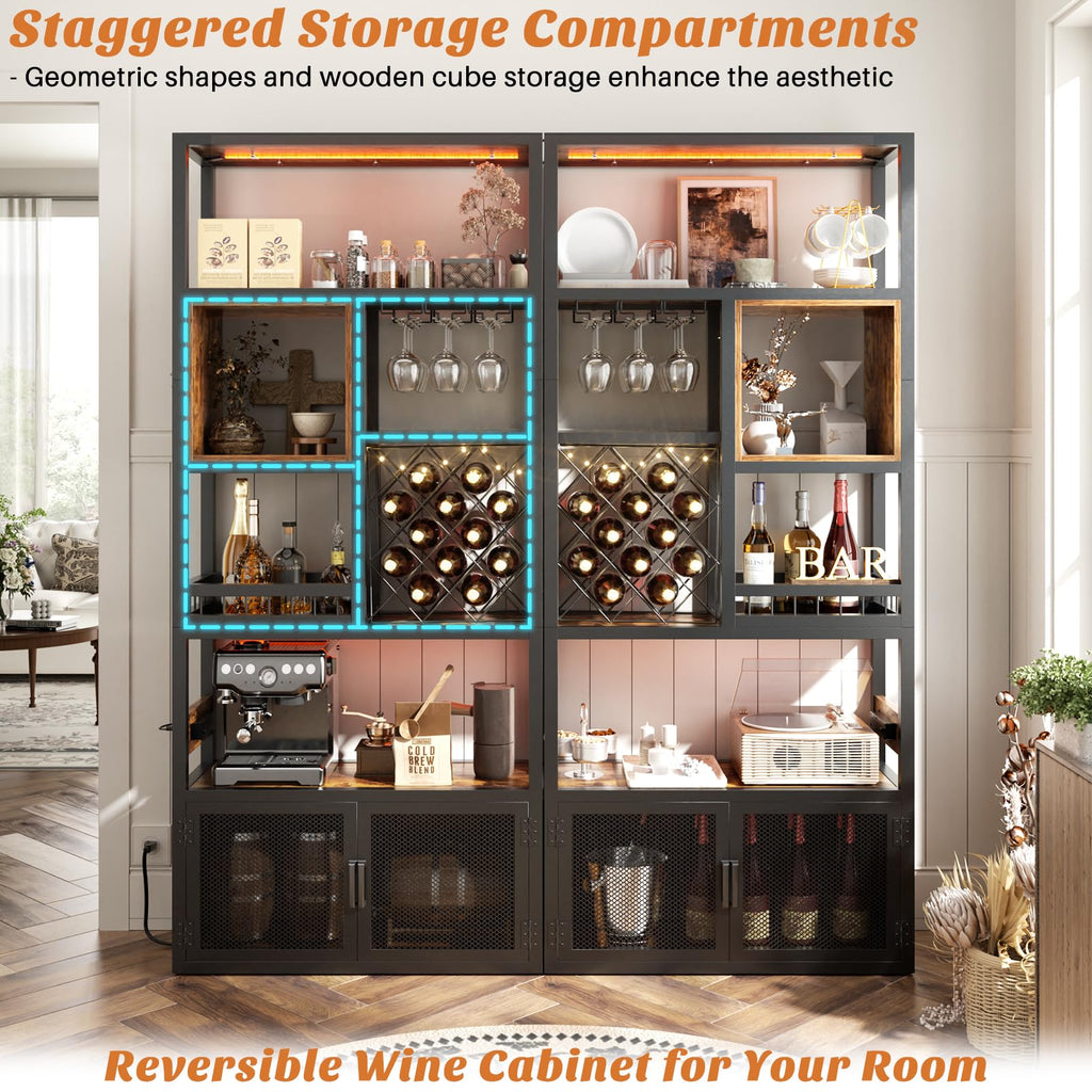 82.6" Tall Bar Cabinet with Power Outlets & LED Lights, Liquor Cabinet Bar, Reversible Coffee Station Wine Cabinet