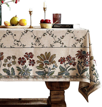 Designer Linen French Tablecloth for Rectangle Table,Fall Country Breathable Floral Tablecloths,Tabl