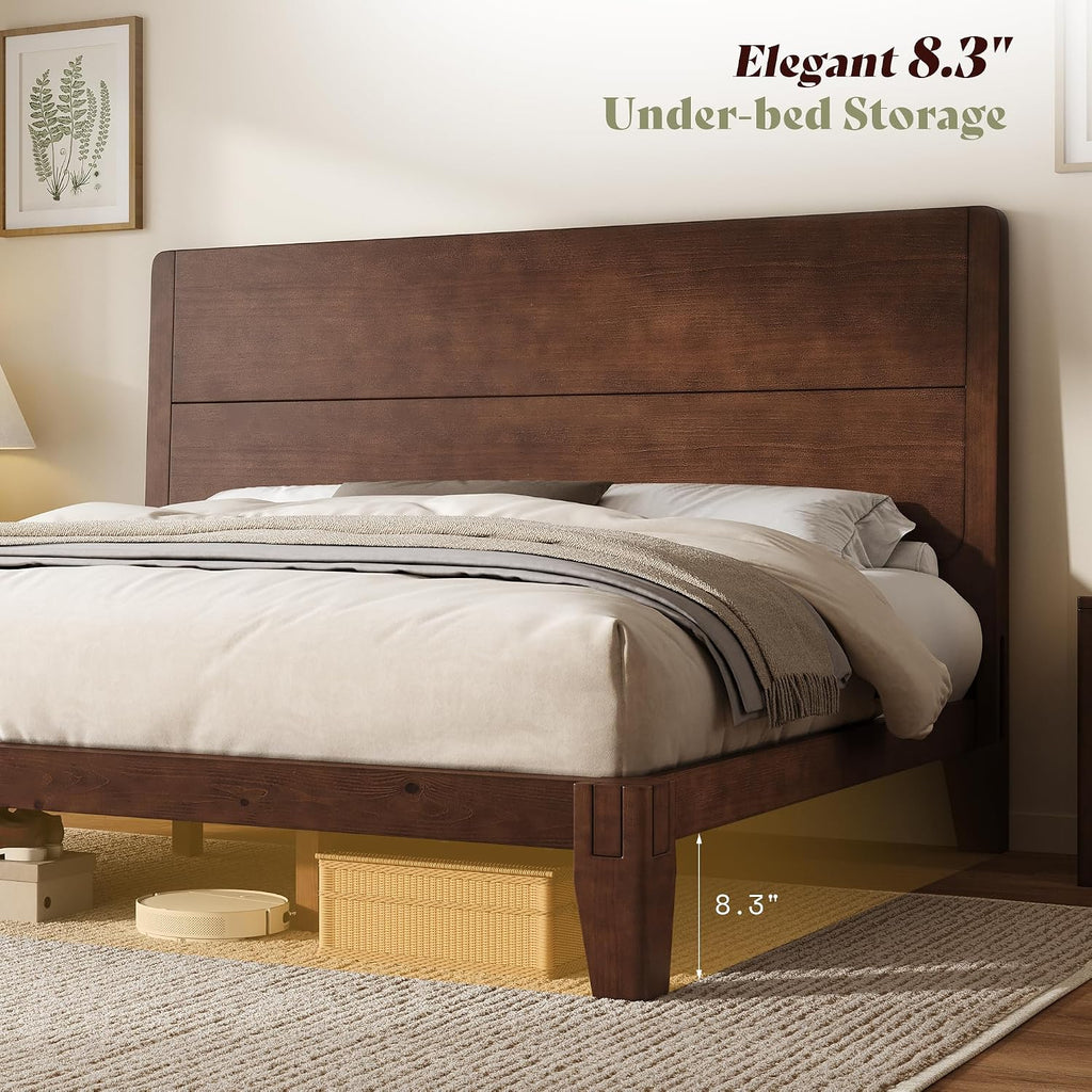 Solid Wood King Bed Frame with Headboard, Japanese Joinery, Walnut
