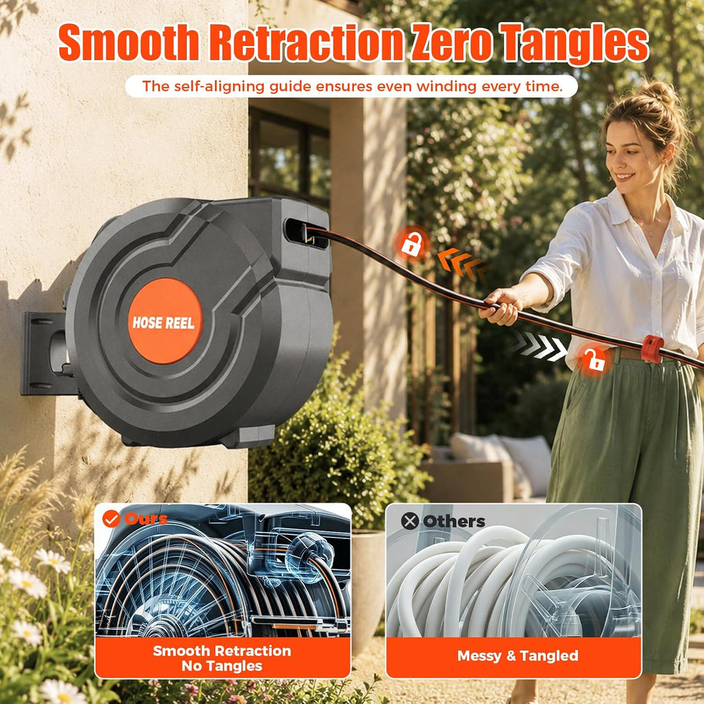100FT Retractable Garden Hose Reel 5/8 Inch Heavy Duty Wall Mounted Retractable Hose Reel with 9-Pattern Nozzle, 180°