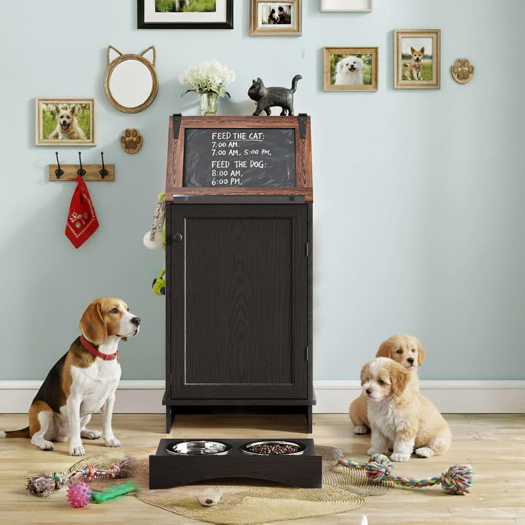 Dog Feeding Station with Storage, Dog Food Cabinet with 2 Hidden Feeding Bowls, Flip-Top Pet Storage Cabinet, Pet