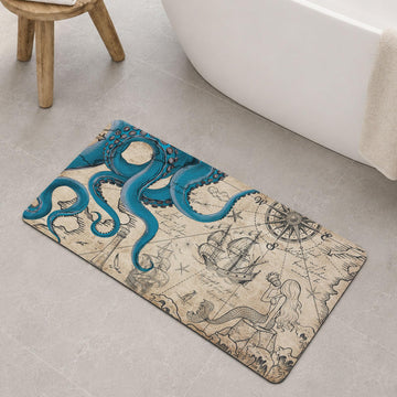 Vintage Nautical Octopus Small Bathroom Rugs Non Slip Super Absorbent Quick Dry Ultra Thin Bath Mat Kraken Mermaid