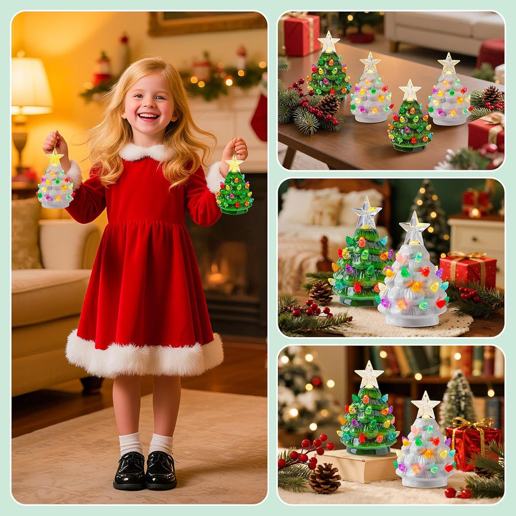 4.3 Inch Mini Ceramic Christmas Tree Set - 4 Pack Tabletop Christmas Tree with Multicolored LED Lights, Battery