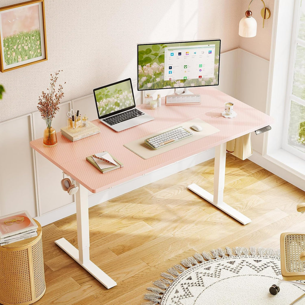 48" Pink Electric Standing Desk Height Adjustable | 3 Memory Presets, Rear Cable Notch, Dual Side Hooks, Stand Up