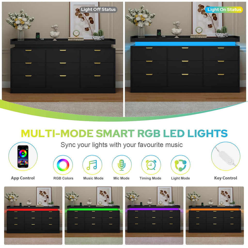 9 Drawer Dresser, Black Dresser with LED Lights and Power Outlet, Large Wooden Dressers Modern Chest of Drawers