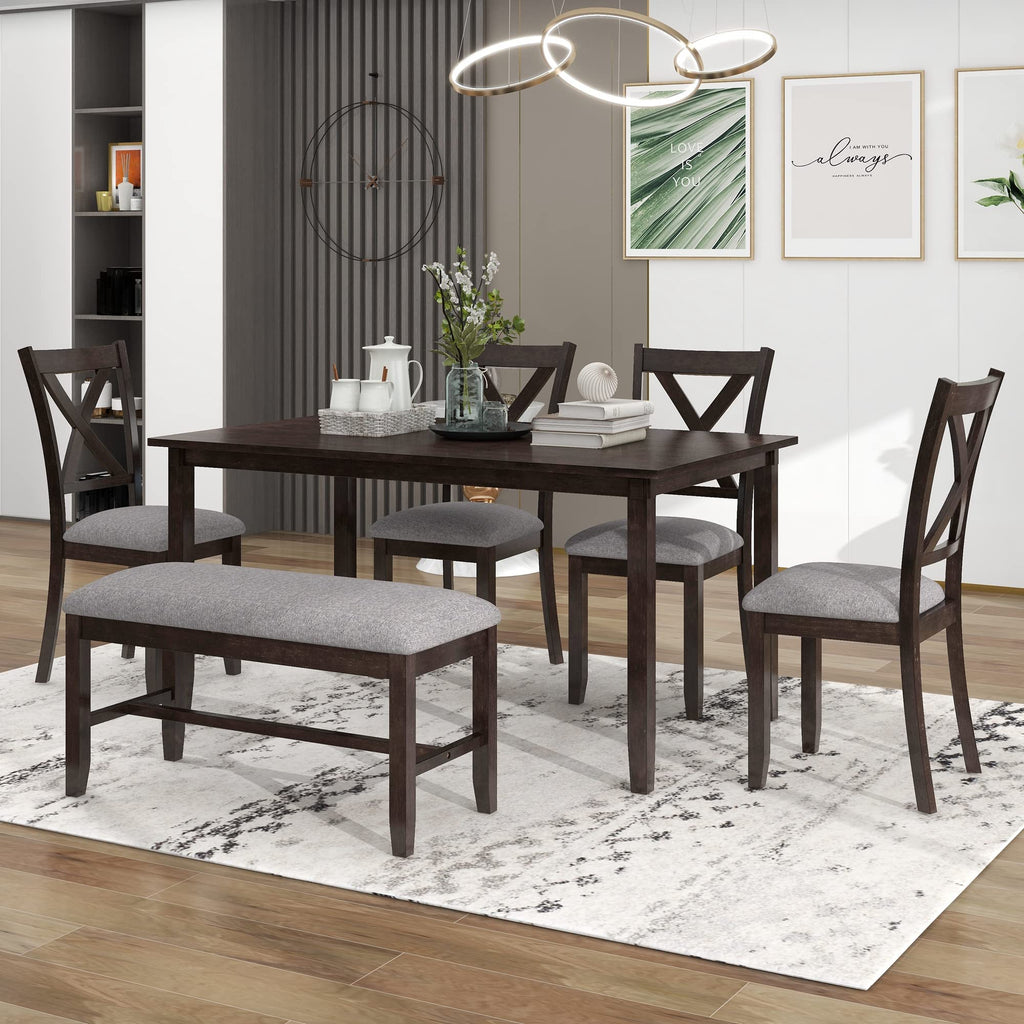 6 Piece Farmhouse Dining Table Set with Bench, Espresso