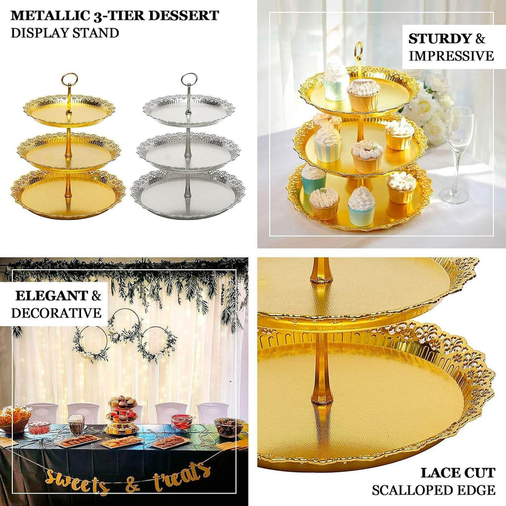 3-Tier Silver Cupcake Stand Lace Cut Scalloped Edge Dessert Tower, Decorative Baby Shower Pastry Display - 15" Tall - Set of 3