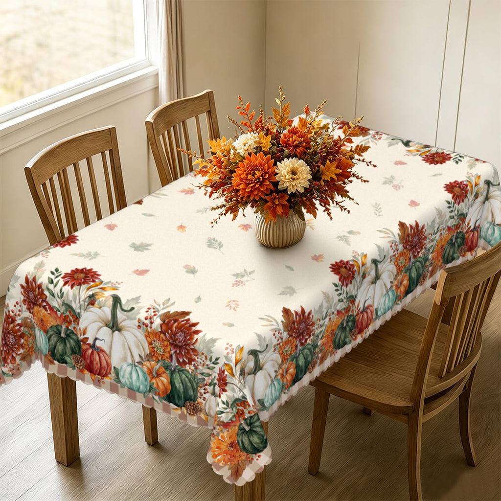 Rectangle Fall Tablecloth 60x84 Inch, Thanksgiving Autumn Harves Pumpkin Flower Table Cloth, Waterproof Wrinkle