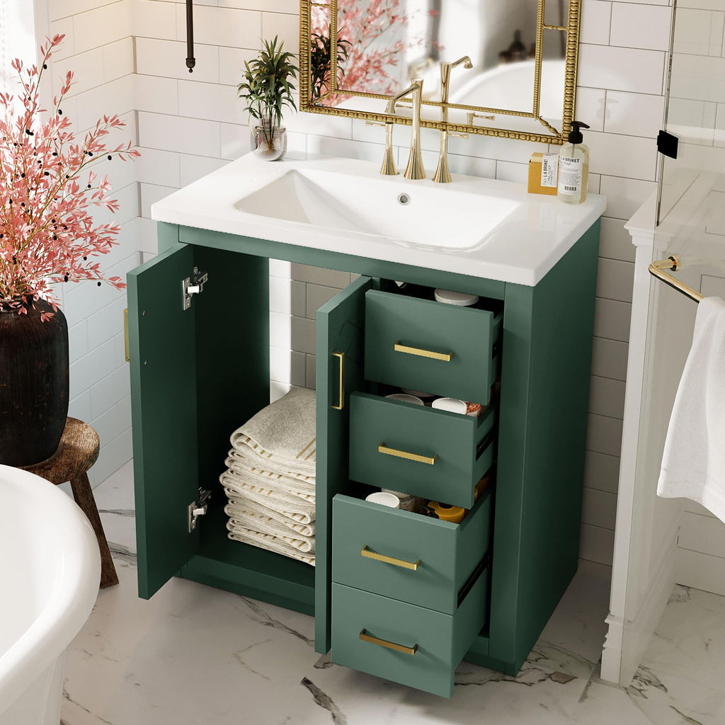 30 Inch Green Bathroom Vanity with Sink & Gold Handles, Light Luxury
