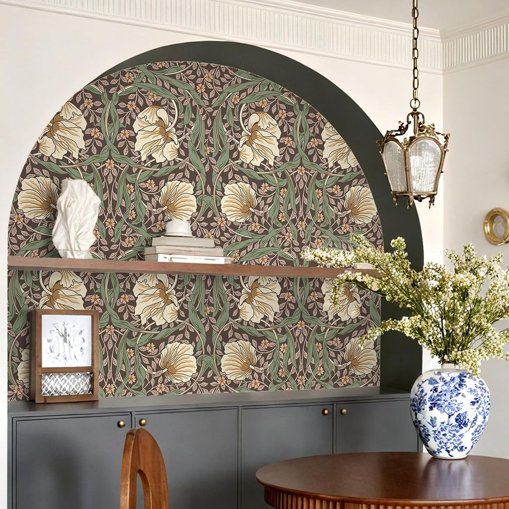 Vintage Dark Earth Floral Wallpaper Peel and Stick William Morris Wallpaper Pimpernel Wall Mural 17.7''x354'' Self