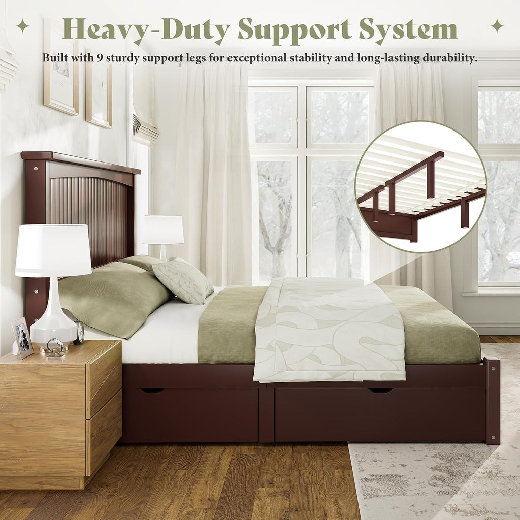 Solid Wood Queen Storage Bed Frame with 50" Headboard, Espresso