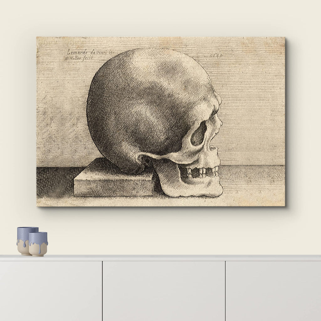 Framed Canvas Print Wall Art Right Profile of a Skull by Leonardo da Vinci Historic Cultural Illustrations Realism