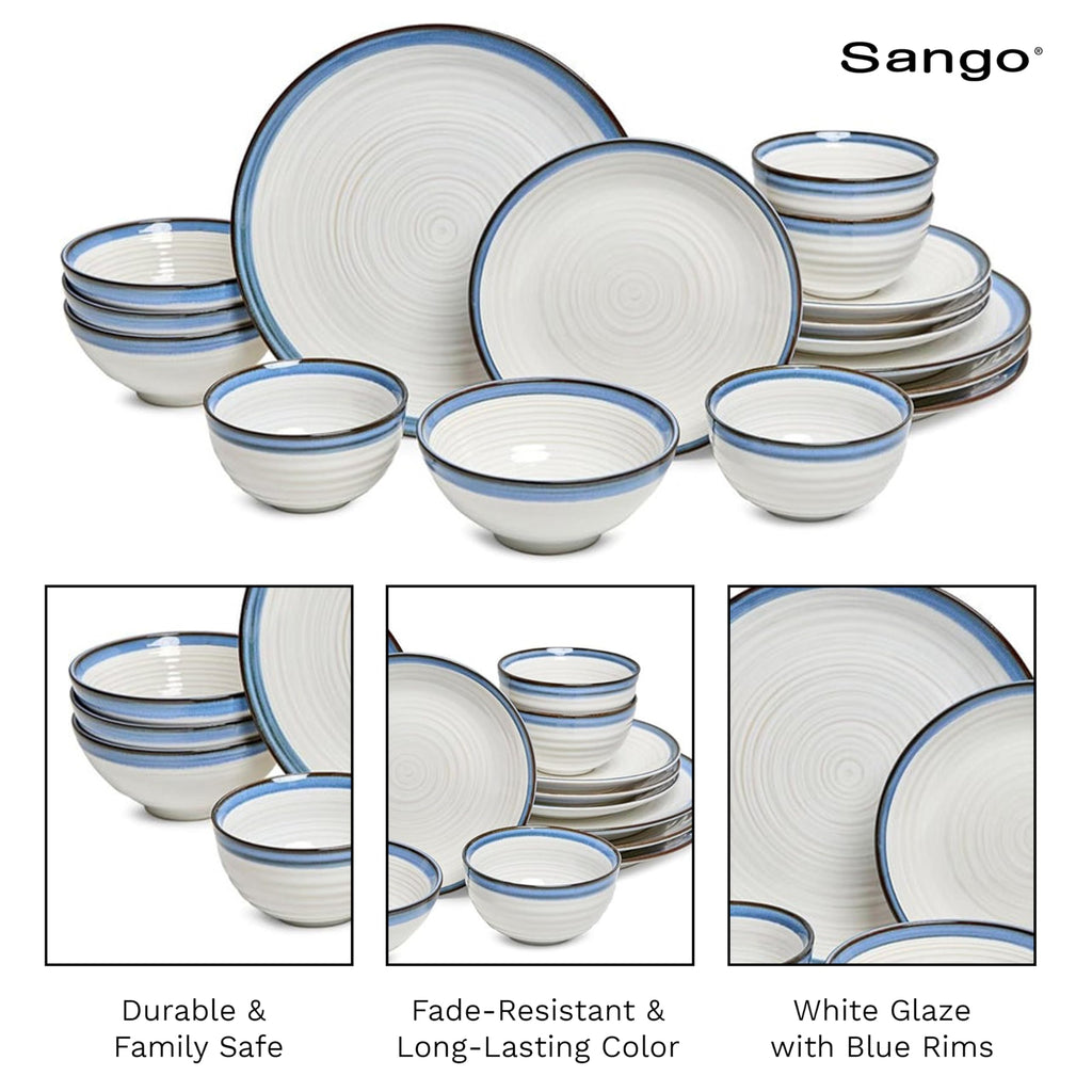 Siterra Santorini 16-Piece Stoneware Dinnerware Set for 4, Ceramic White Plates and Bowls Sets with Blue Rim &
