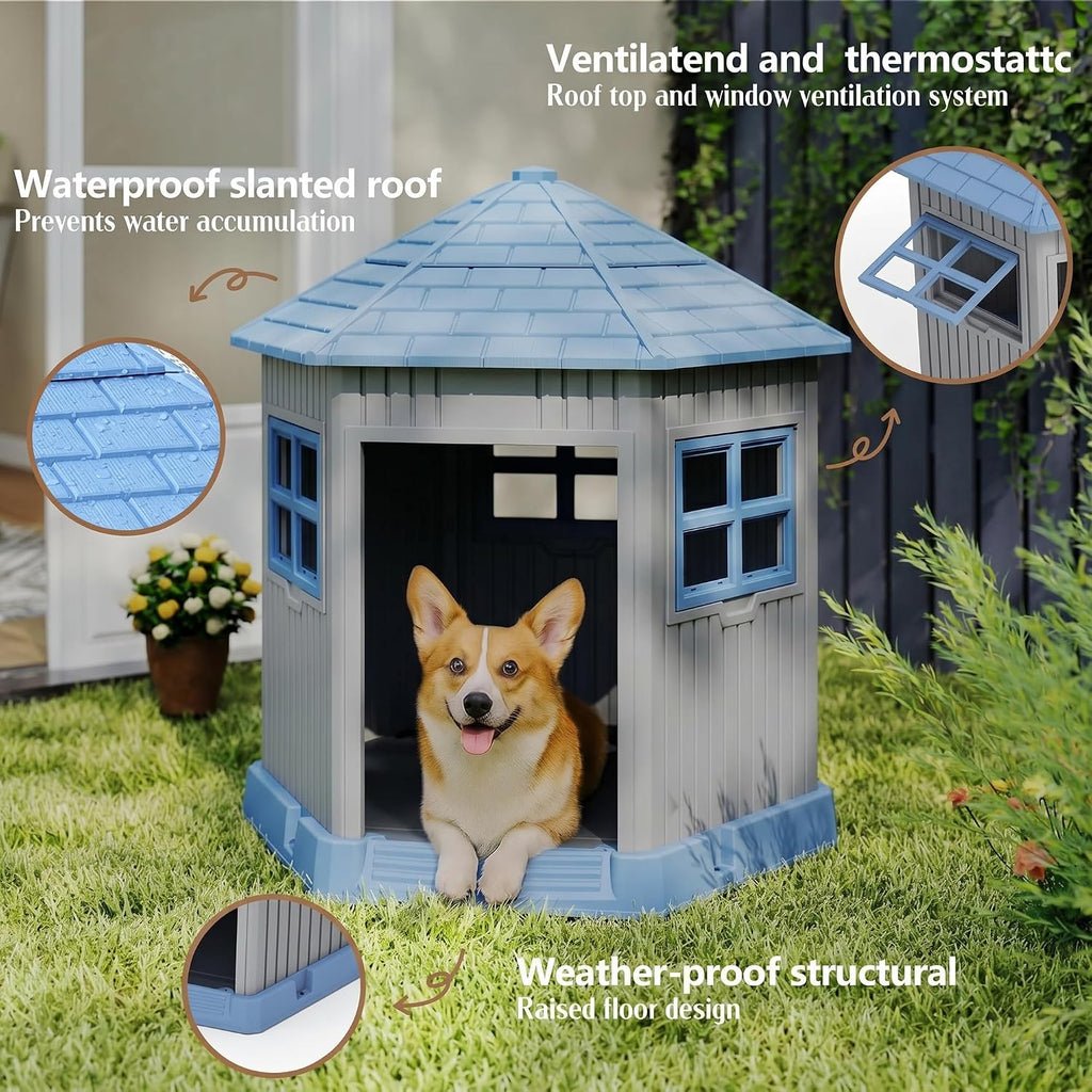Dog House Indoor Outdoor Durable Large Dog Shelter with Outside Dog Kennel with Window and Elevated Floor for Small