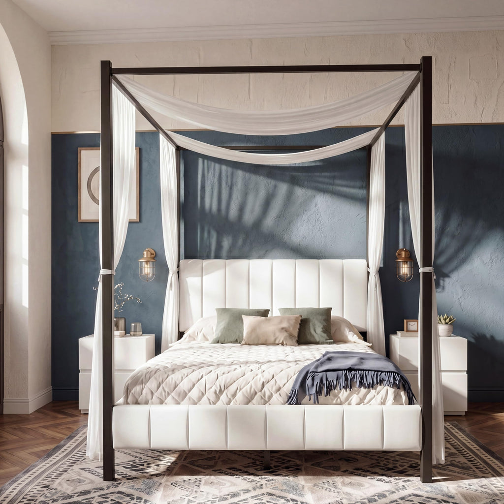 Queen Size Upholstered Canopy Bed Frame, Modern Luxury Channel-Tufted Headboard and Footboard, Platform Bed with 4