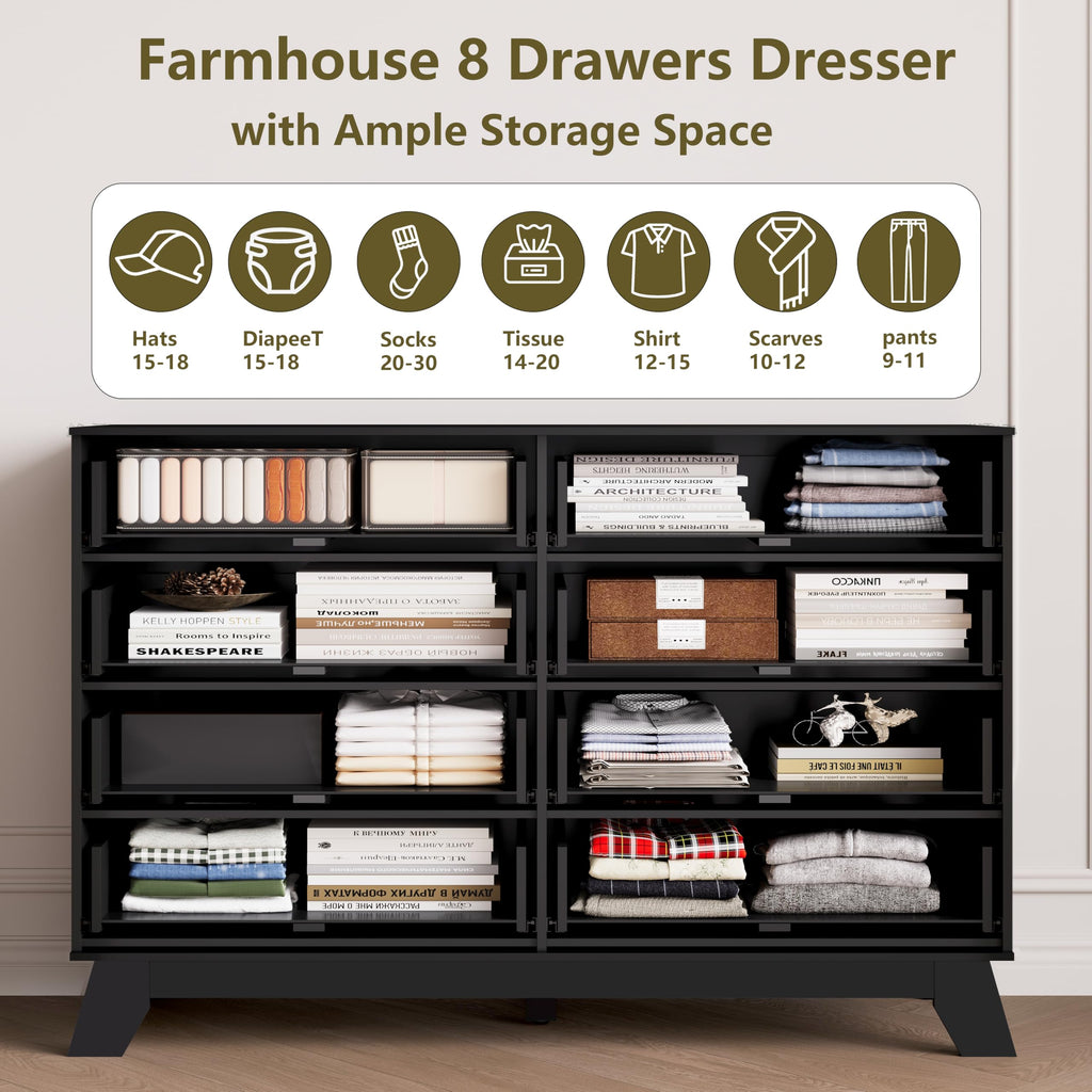 48" W Tall Fluted Dresser with 8 Drawer, Black