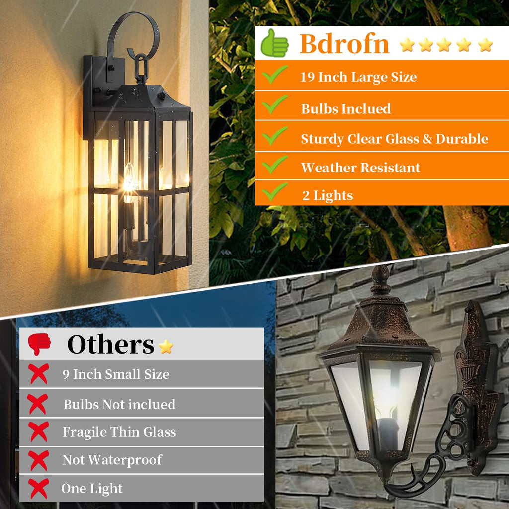 2 Pack 19" Large Outside Modern Wall Sconce Light Fixture, Industrial Porch Light Wall Mount with Glass, Waterproof