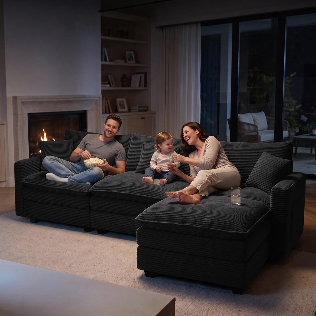 108 Inch Cloud Couch Sectional, Modular Sectional Sofa with Ottoman, Black